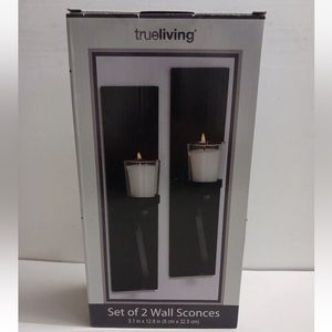 True Living Set of 2 Wall Sconces Black Metal Clear Glass Votive Candle Cups